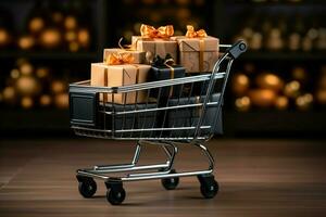 AI generated trolly shopping cart Realistic black Christmas gifts adorned with gold ribbons for a Black Friday sale AI Generated photo