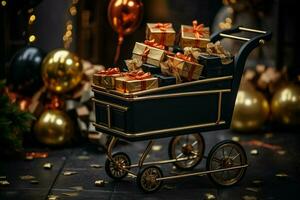 AI generated trolly shopping cart Realistic black Christmas gifts adorned with gold ribbons for a Black Friday sale AI Generated photo