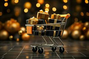 AI generated trolly shopping cart Realistic black Christmas gifts adorned with gold ribbons for a Black Friday sale AI Generated photo