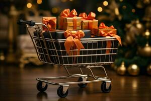 AI generated trolly shopping cart Realistic black Christmas gifts adorned with gold ribbons for a Black Friday sale AI Generated photo