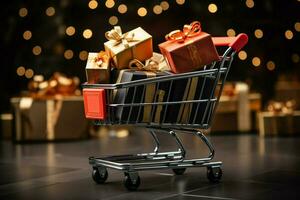 AI generated trolly shopping cart Realistic black Christmas gifts adorned with gold ribbons for a Black Friday sale AI Generated photo