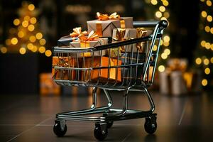 AI generated trolly shopping cart Realistic black Christmas gifts adorned with gold ribbons for a Black Friday sale AI Generated photo