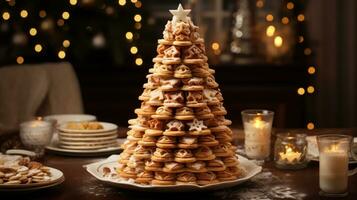 AI Generated Kransekake gracing the festive Christmas table, a Scandinavian delight for holiday celebrations photo