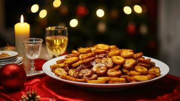 ai generado dorado frito plátanos, un sabroso festivo deleitar, Perfecto para el Navidad mesa foto