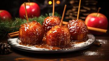 AI Generated Holiday table featuring delectable caramelized apples, a festive Christmas treat photo