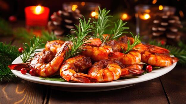 AI Generated grilled shrimp, a savory addition to the Christmas table photo