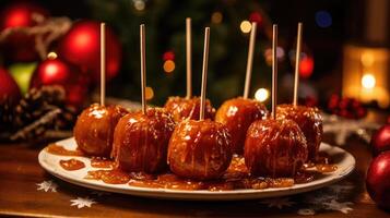 ai generado caramelizado manzanas adornar el Navidad mesa foto