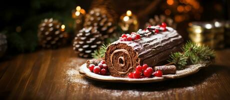 AI Generated dessert log, a delicious centerpiece for the Christmas feast table photo