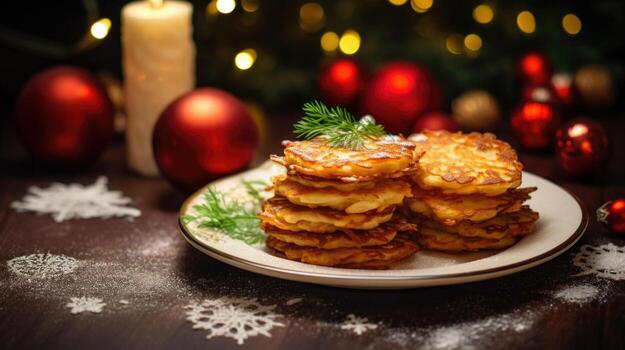 AI Generated Latkes on the holiday table, a flavorful addition for Christmas festivities, a crispy photo