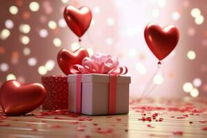 Happy valentine's day concept with red gift box and heart  shaped balloons romantic banner love concept by AI Generated photo