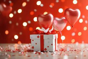 Happy valentine's day concept with red gift box and heart  shaped balloons romantic banner love concept by AI Generated photo