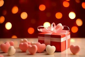 Happy valentine's day concept with red gift box and heart  shaped balloons romantic banner love concept by AI Generated photo