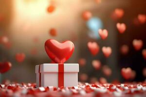 contento San Valentín día concepto con rojo regalo caja y corazón conformado globos romántico bandera amor concepto por ai generado foto