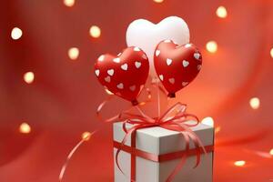 Happy valentine's day concept with red gift box and heart  shaped balloons romantic banner love concept by AI Generated photo