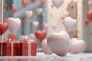 Happy valentine's day concept with red gift box and heart  shaped balloons romantic banner love concept by AI Generated photo