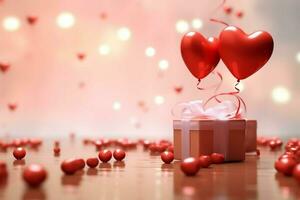 Happy valentine's day concept with red gift box and heart  shaped balloons romantic banner love concept by AI Generated photo