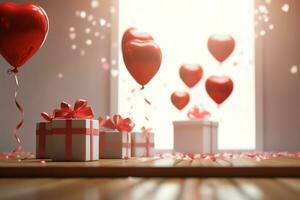 Happy valentine's day concept with red gift box and heart  shaped balloons romantic banner love concept by AI Generated photo