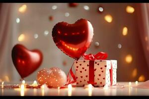 Happy valentine's day concept with red gift box and heart  shaped balloons romantic banner love concept by AI Generated photo