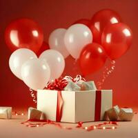 contento San Valentín día concepto con rojo regalo caja y corazón conformado globos romántico bandera amor concepto por ai generado foto