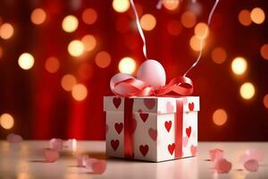 Happy valentine's day concept with red gift box and heart  shaped balloons romantic banner love concept by AI Generated photo