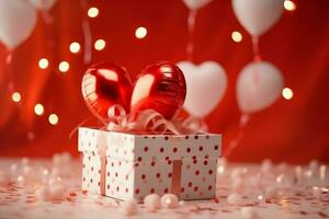 Happy valentine's day concept with red gift box and heart  shaped balloons romantic banner love concept by AI Generated photo