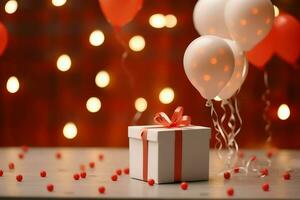 contento San Valentín día concepto con rojo regalo caja y corazón conformado globos romántico bandera amor concepto por ai generado foto