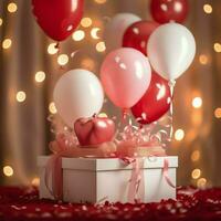 contento San Valentín día concepto con rojo regalo caja y corazón conformado globos romántico bandera amor concepto por ai generado foto