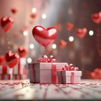 contento San Valentín día concepto con rojo regalo caja y corazón conformado globos romántico bandera amor concepto por ai generado foto