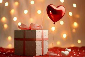 contento San Valentín día concepto con rojo regalo caja y corazón conformado globos romántico bandera amor concepto por ai generado foto