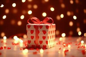 Happy valentine's day concept with red gift box and heart  shaped balloons romantic banner love concept by AI Generated photo