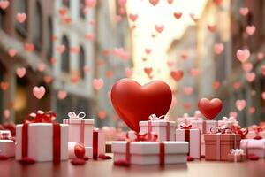 Happy valentine's day concept with red gift box and heart  shaped balloons romantic banner love concept by AI Generated photo