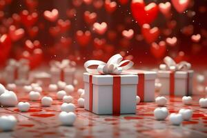 Happy valentine's day concept with red gift box and heart  shaped balloons romantic banner love concept by AI Generated photo