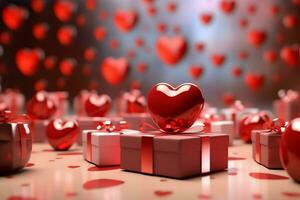 Happy valentine's day concept with red gift box and heart  shaped balloons romantic banner love concept by AI Generated photo