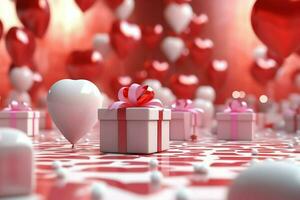 contento San Valentín día concepto con rojo regalo caja y corazón conformado globos romántico bandera amor concepto por ai generado foto