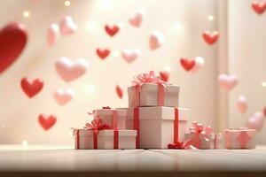 Happy valentine's day concept with red gift box and heart  shaped balloons romantic banner love concept by AI Generated photo