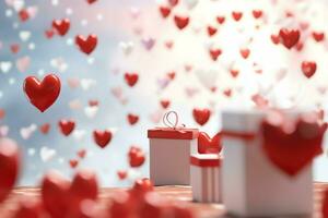 Happy valentine's day concept with red gift box and heart  shaped balloons romantic banner love concept by AI Generated photo