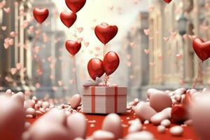 Happy valentine's day concept with red gift box and heart  shaped balloons romantic banner love concept by AI Generated photo