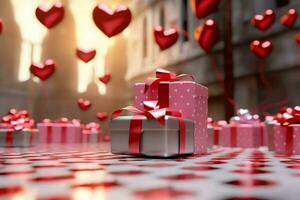 Happy valentine's day concept with red gift box and heart  shaped balloons romantic banner love concept by AI Generated photo