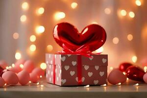 Happy valentine's day concept with red gift box and heart  shaped balloons romantic banner love concept by AI Generated photo