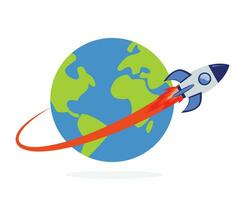 Digital rocket flies in orbit of planet Earth or Spaceship in outer cosmos vector