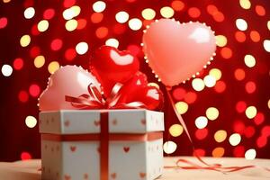 Happy valentine's day concept with red gift box and heart  shaped balloons romantic banner love concept by AI Generated photo