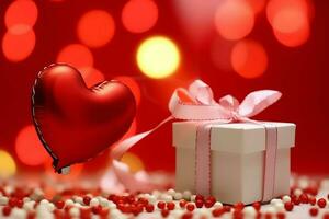 Happy valentine's day concept with red gift box and heart  shaped balloons romantic banner love concept by AI Generated photo