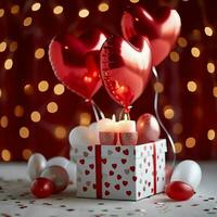 contento San Valentín día concepto con rojo regalo caja y corazón conformado globos romántico bandera amor concepto por ai generado foto