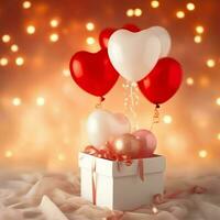 Happy valentine's day concept with red gift box and heart  shaped balloons romantic banner love concept by AI Generated photo