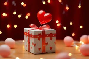 Happy valentine's day concept with red gift box and heart  shaped balloons romantic banner love concept by AI Generated photo