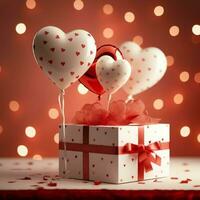 Happy valentine's day concept with red gift box and heart  shaped balloons romantic banner love concept by AI Generated photo