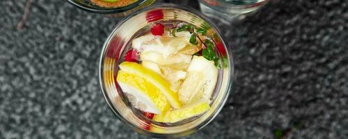 Banner with Variety of Detox infused water. Diet. Healthy drink. photo