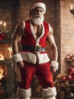 ai generado muscular Papa Noel claus en un acogedor hogar con Navidad decoraciones foto