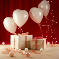 Happy valentine's day concept with red gift box and heart  shaped balloons romantic banner love concept by AI Generated photo