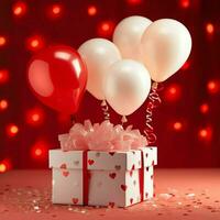 contento San Valentín día concepto con rojo regalo caja y corazón conformado globos romántico bandera amor concepto por ai generado foto